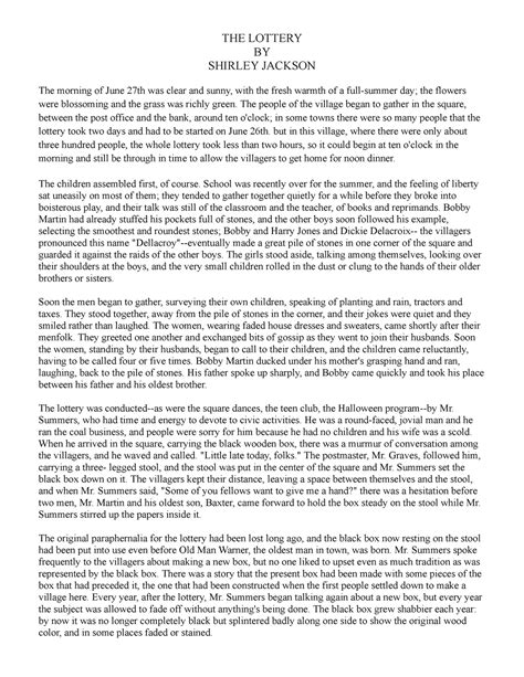 the lottery short story|The Lottery: Study Guide .